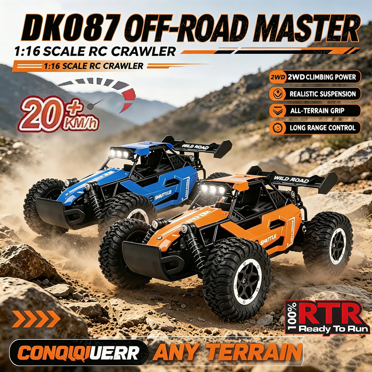 Monster truck a control remoto a escala 1:16, coche RC todoterreno de alta velocidad de 20 km/h con luces LED, regalo duradero para adultos y niños, listo para usar