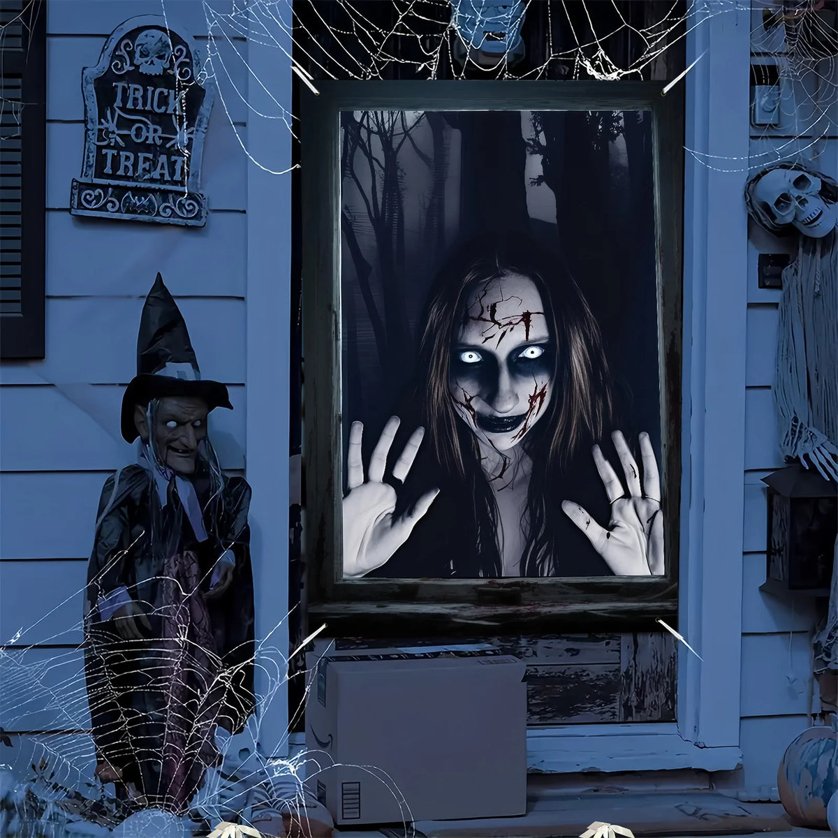 Fiesta de terror de Halloween, decoraciones de ventanas con diseño de monstruo del bosque, decoraciones para interiores y exteriores, atmósfera eerie