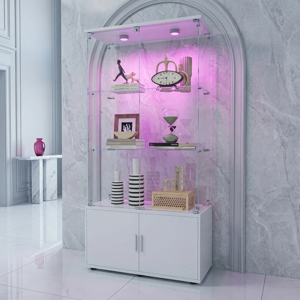 Anajqaqia 78.5cm×35cm×164cm Vitrina de cristal de 3 niveles + 1 armario, mueble bar, vitrina moderna de cristal, con espacio de almacenamiento para objetos de colección, libros, vino, blanco
