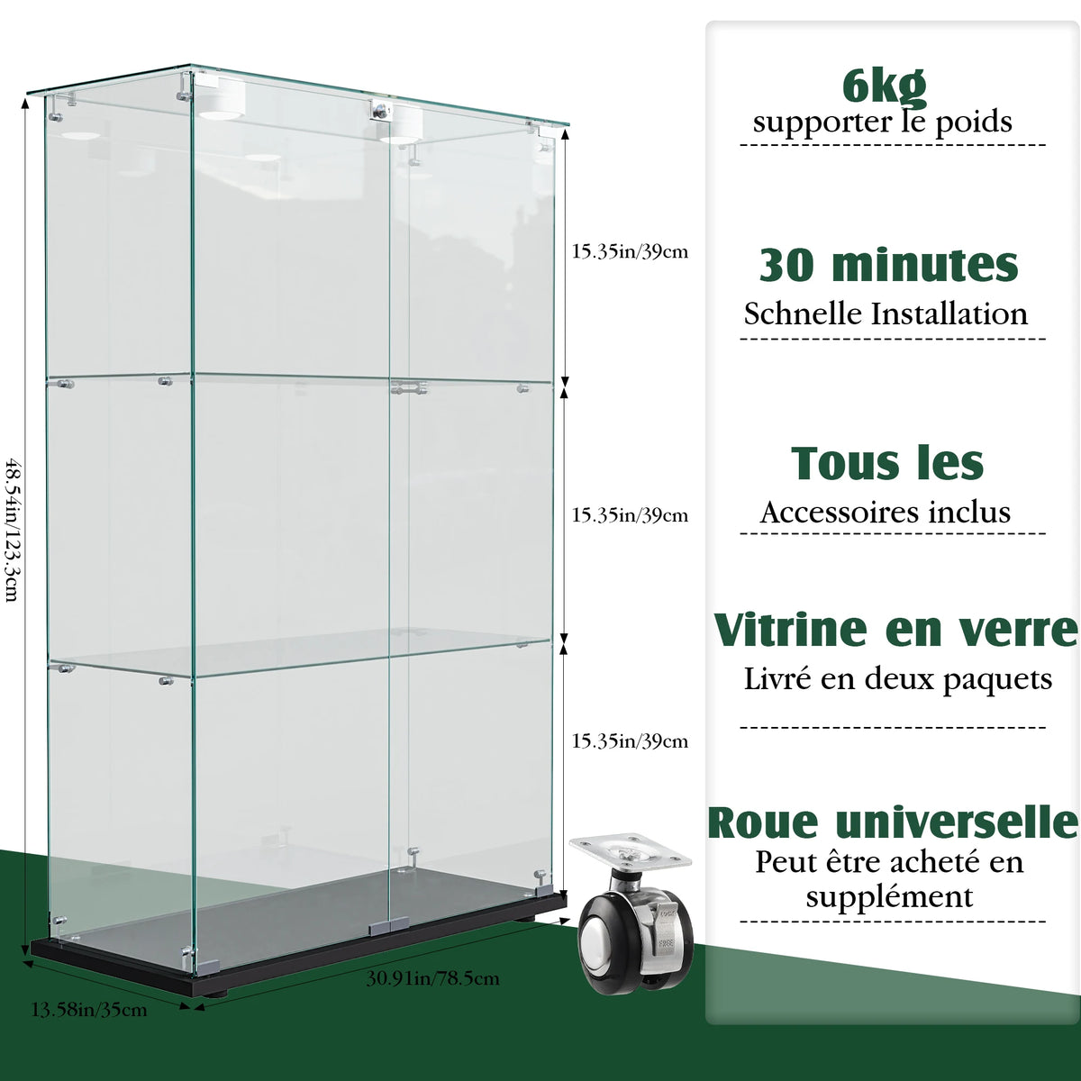 Vitrina de cristal Rosahqnda, vitrina de pie, 3/4 niveles, 2 puertas, con LED y cerradura, mueble expositor de cristal, para sala de estar, dormitorio