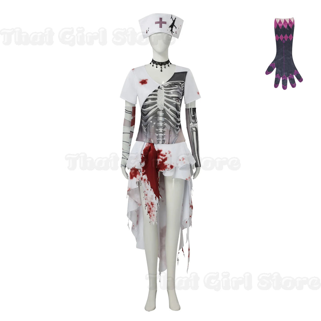 Disfraz de Enfermera Zombi Aterradora, Cosplay de Anime de Terror, Diseño de Esqueleto a la Moda, Vestido con Patrón de Manchas de Sangre Falsa, Traje de Una Pieza, Sombrero para Halloween