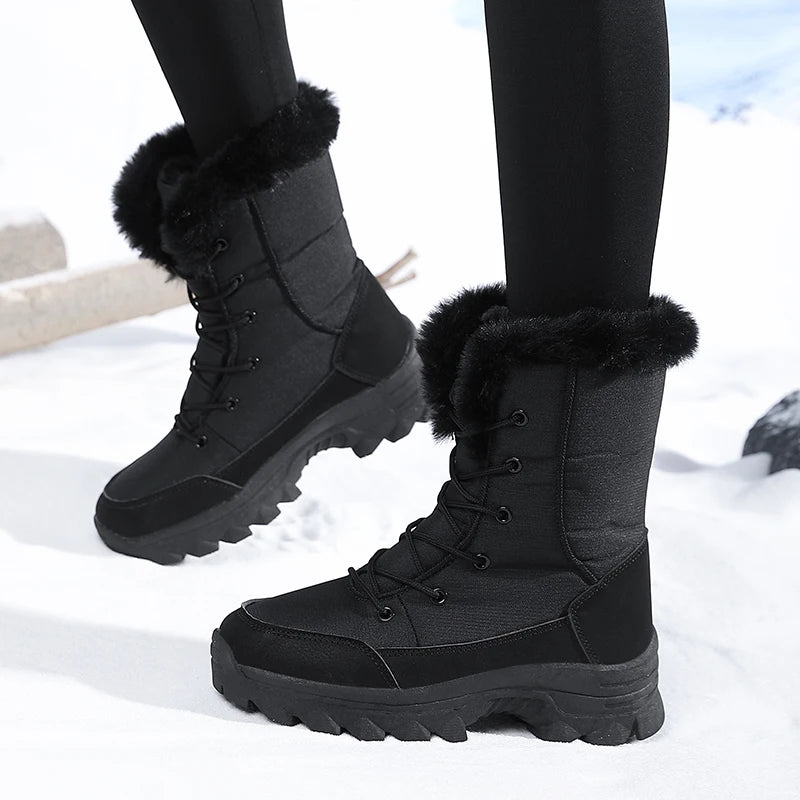 Botas de nieve para mujer, impermeables, antideslizantes, cálidas, de estilo nororiental, con forro de algodón, botas de esquí, con forro polar, de tejido grueso, resistentes al desgaste, botas de algodón de caña alta.