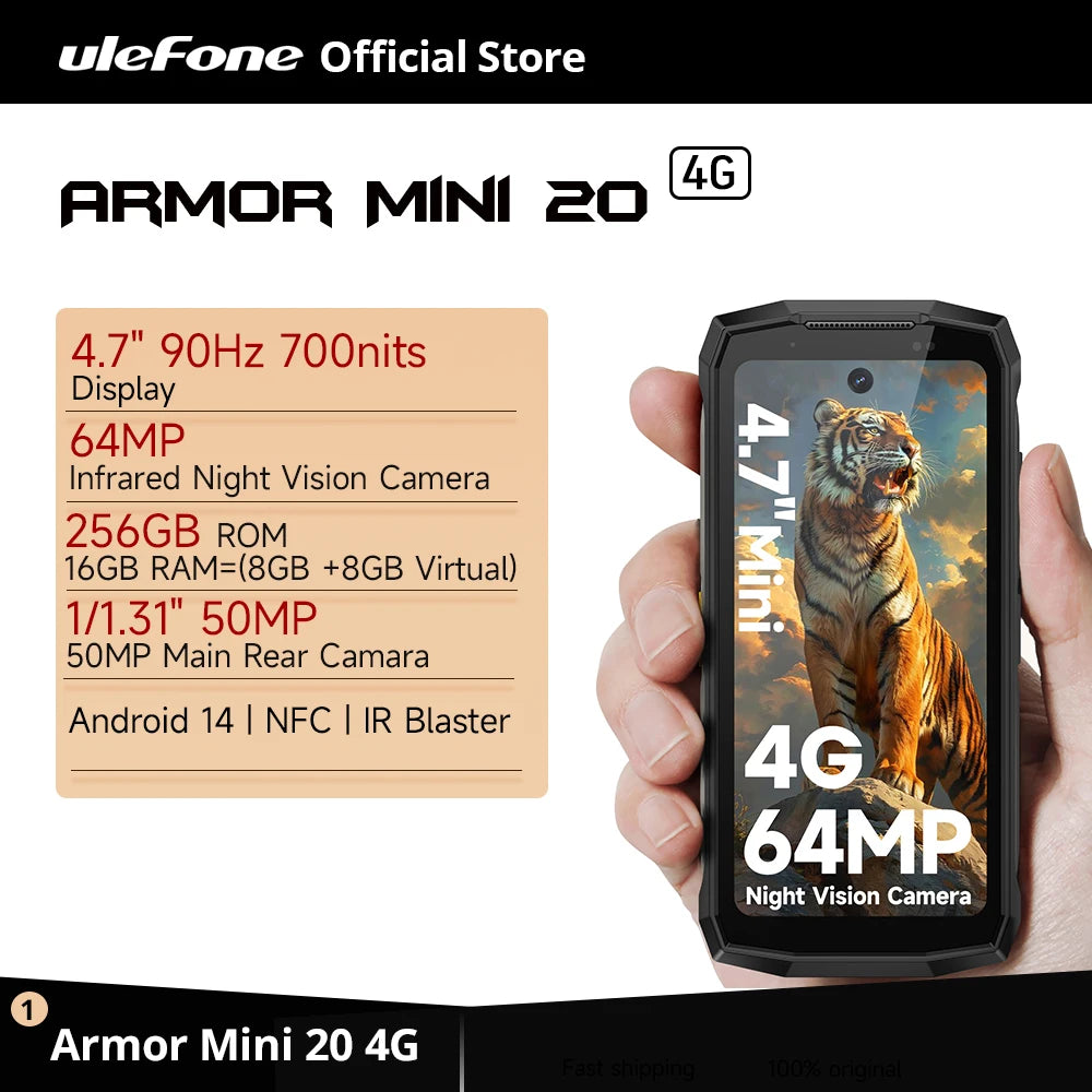 Teléfono resistente Ulefone Armor Mini 20 4G de 4.7", cámara nocturna de 64 MP, smartphone Android 14, batería de 6200 mAh, NFC, 16 GB+256 GB, 33 W, G99