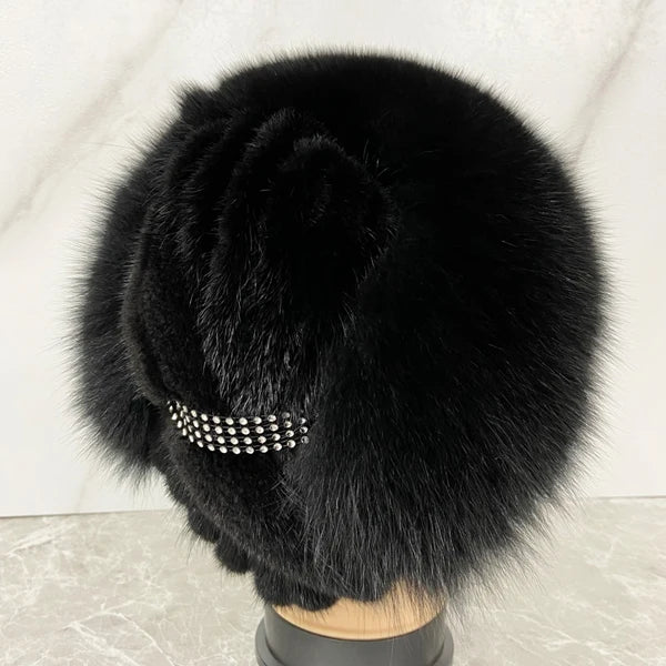 Sombrero de punto de piel de zorro de visón Natural con diamantes para mujer, gorros de invierno, gorro de nieve cálido para exteriores, elegante