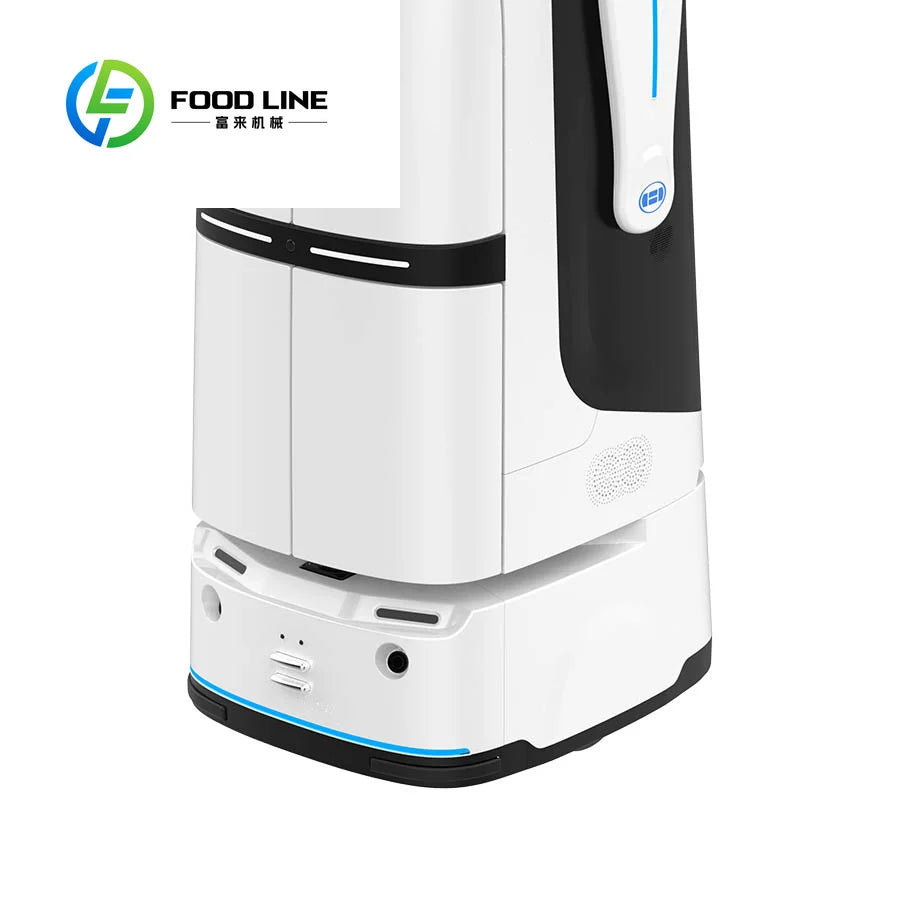 Robot de servicio automático, parte inferior blanca con ruedas y franja azul