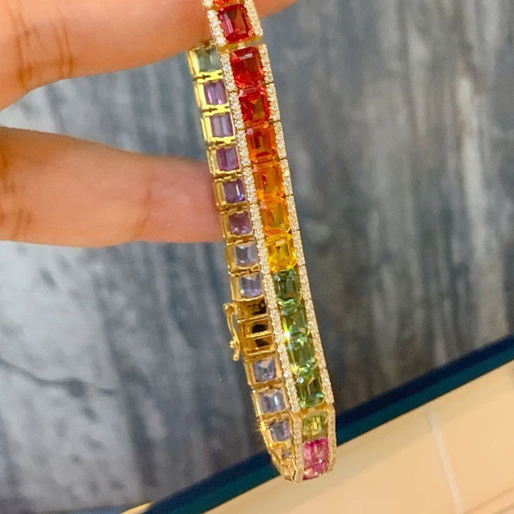 Aazuo Pulsera de lujo de oro amarillo de 18 quilates con zafiro de color natural y diamantes reales para mujer, pulsera de arcoíris para fiesta de compromiso de alta gama