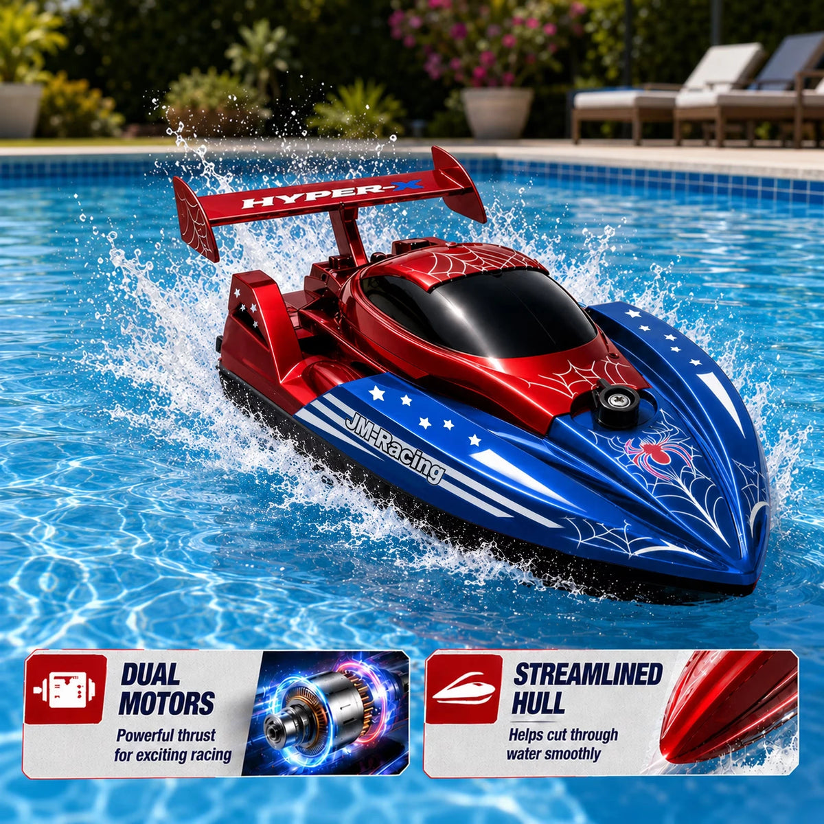 RC Boat for Kids 2.4GHz Remote Control Racing Speed Boat Rechargeable Electric Water Toy Spider Boat Pool Lake Outdoor Toy Gift