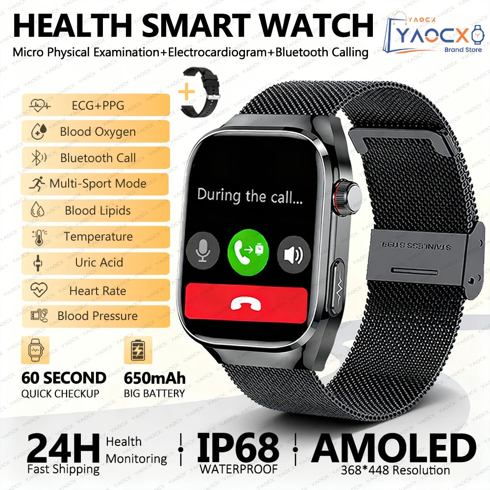 Reloj inteligente para hombre 2026, nuevo modelo con medición de ácido úrico y lípidos en sangre, ECG+PPG, presión arterial, frecuencia cardíaca, llamadas Bluetooth, reloj inteligente de salud