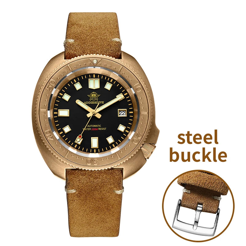 Reloj de buceo automático para hombre ADDIESDIVE CUSN8 de bronce, con calendario, cristal de zafiro, manecillas luminosas, resistente al agua 20 bares y mecanismo automático