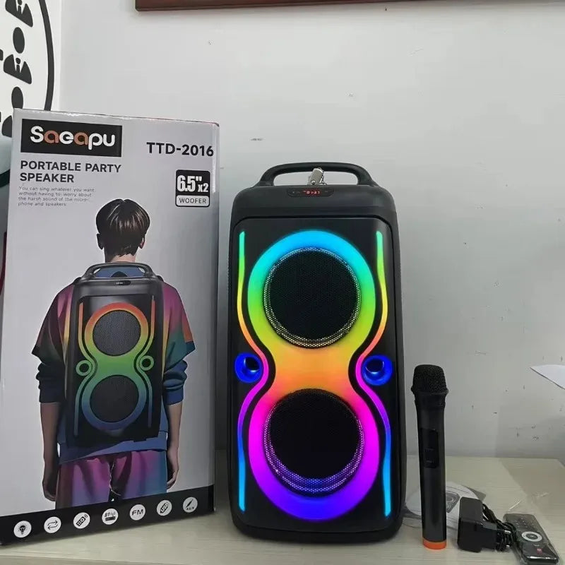 Altavoz Bluetooth con caja de fiesta doble de 40W y 6,5 pulgadas, diseño de correa para el hombro con 1 micrófono, subwoofer HIFI portátil para Karaoke al aire libre