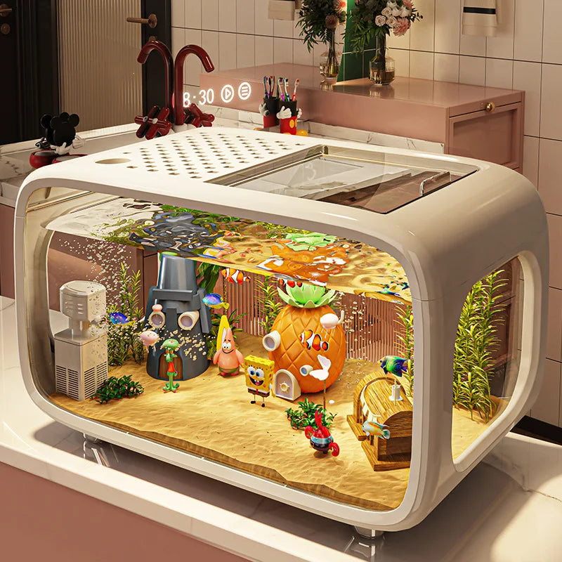 Acuario de lujo ligero, sencillo y sofisticado con tapa, transparente, ecológico para sala de estar, mueble decorativo, suministros para acuarios