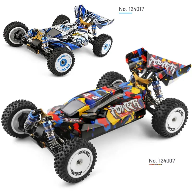 Coche RC 1:12 4WD multicolor con parachoques bajo y neumáticos de tacos
