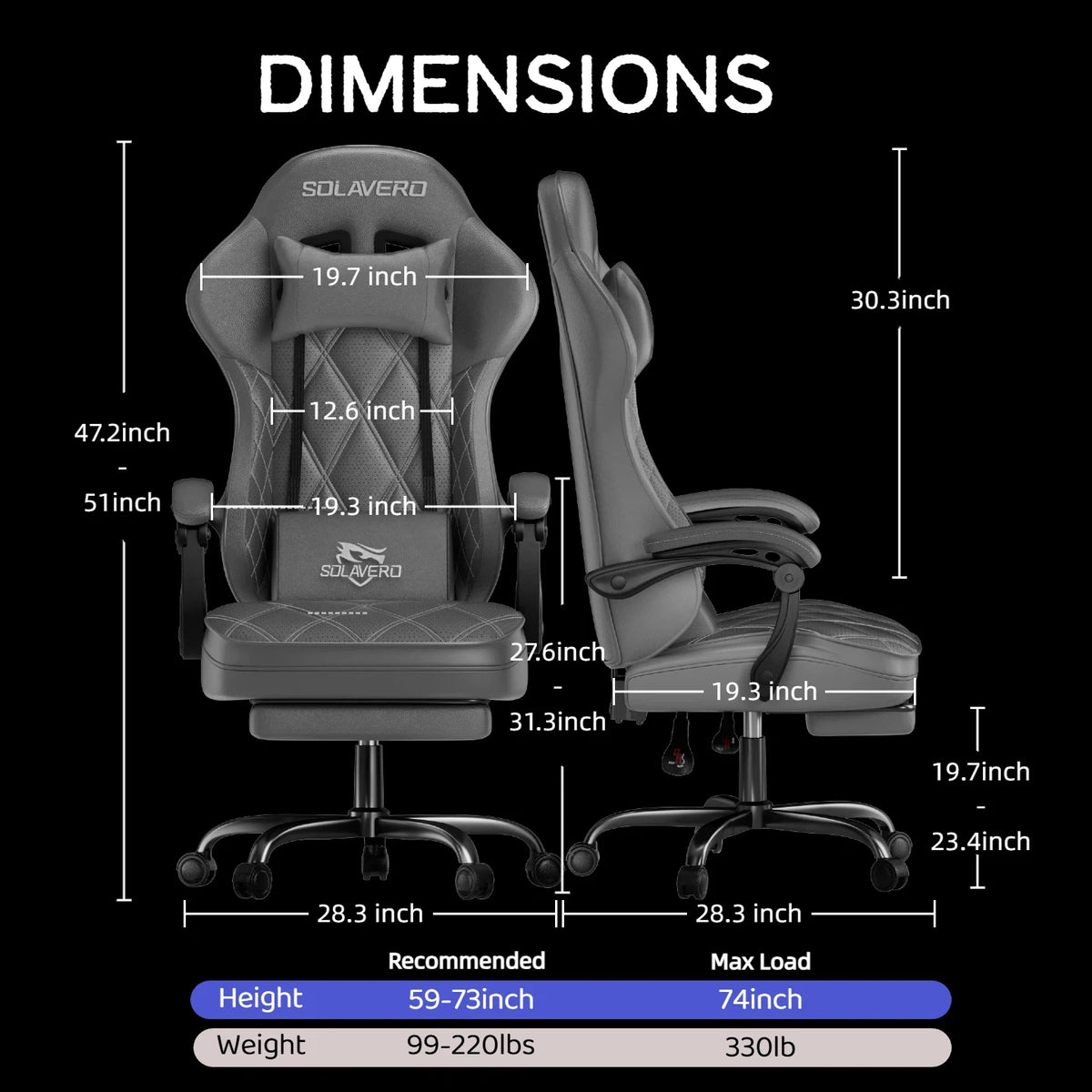 Silla de gaming gris con reposacabezas, reposabrazos y reposapiés, base negra con ruedas