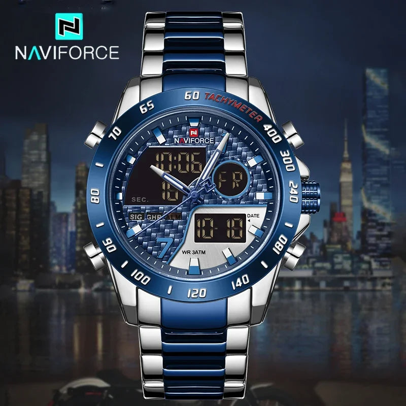 Reloj de hombre de marca superior NAVIFORCE, reloj deportivo militar de doble pantalla, resistente al agua, reloj de cuarzo con correa de acero de lujo para hombre