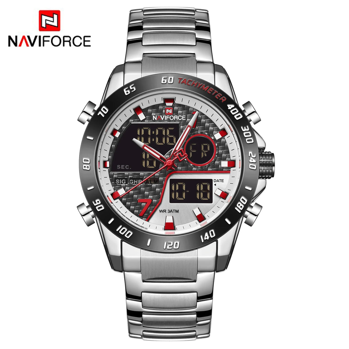 Reloj de hombre de marca superior NAVIFORCE, reloj deportivo militar de doble pantalla, resistente al agua, reloj de cuarzo con correa de acero de lujo para hombre
