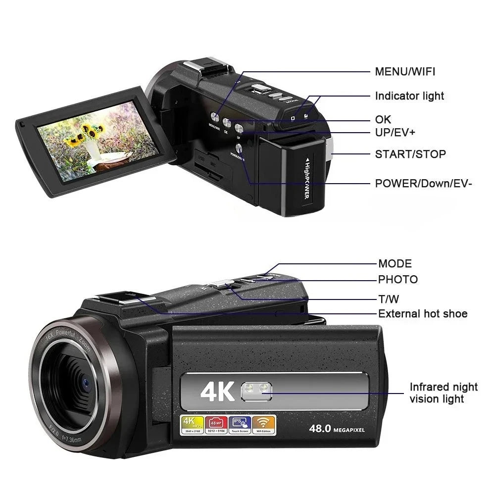 Videocámara Digital WIFI 4K Full HD, grabadora DV16X de 16MP, batería de alta capacidad de 2000mAh, pantalla de rotación de 270 grados, Zoom de disparo nocturno