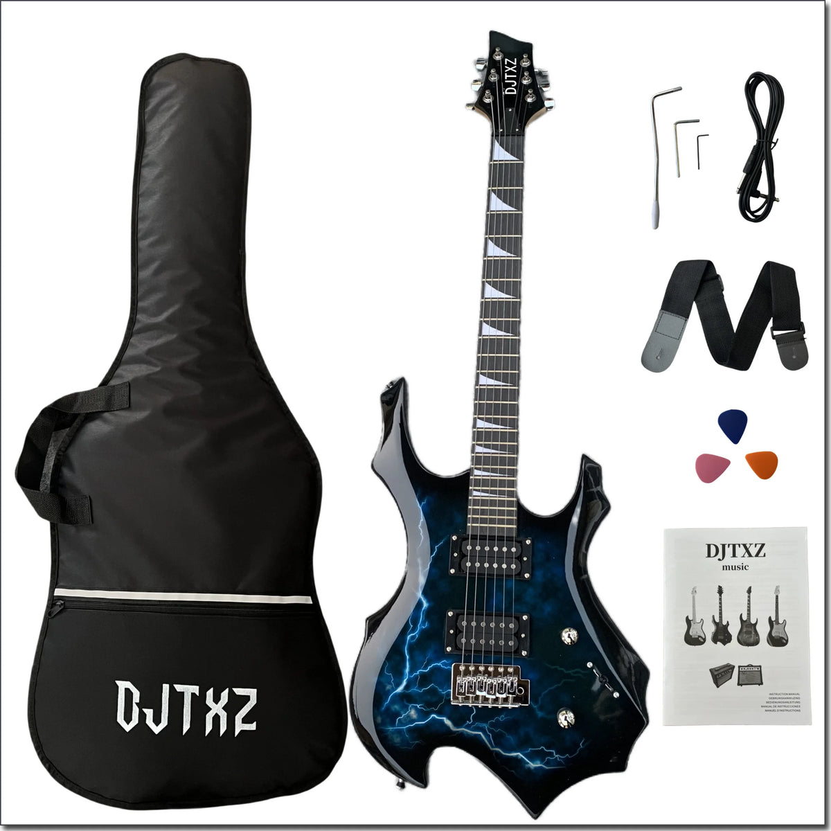 Guitarra eléctrica con gráfico Lightning Bolt llamativo: máquina de rock Eye-Candy, configuración profesional incluida