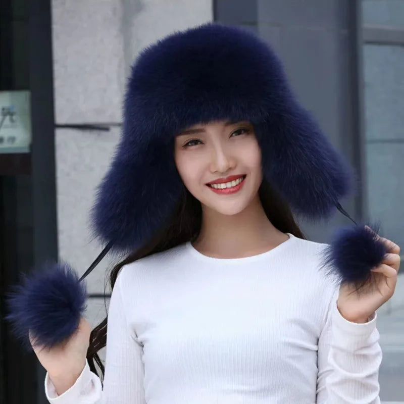 Gorro de piel de zorro auténtica para mujer, moda de invierno, gorros cálidos de Lei Feng, gorros de esquí al aire libre rusos, gorro de piel Natural, gorro de piel gruesa peluda