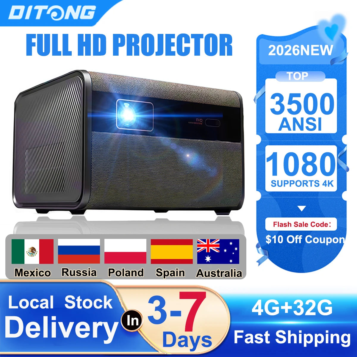 Proyector DITONG 3500ANSI Lúmenes Full HD 4K para Películas y Vídeos, Android TV Home Theater, 32GB, WIFI 6, Enfoque Automático, Smart TV