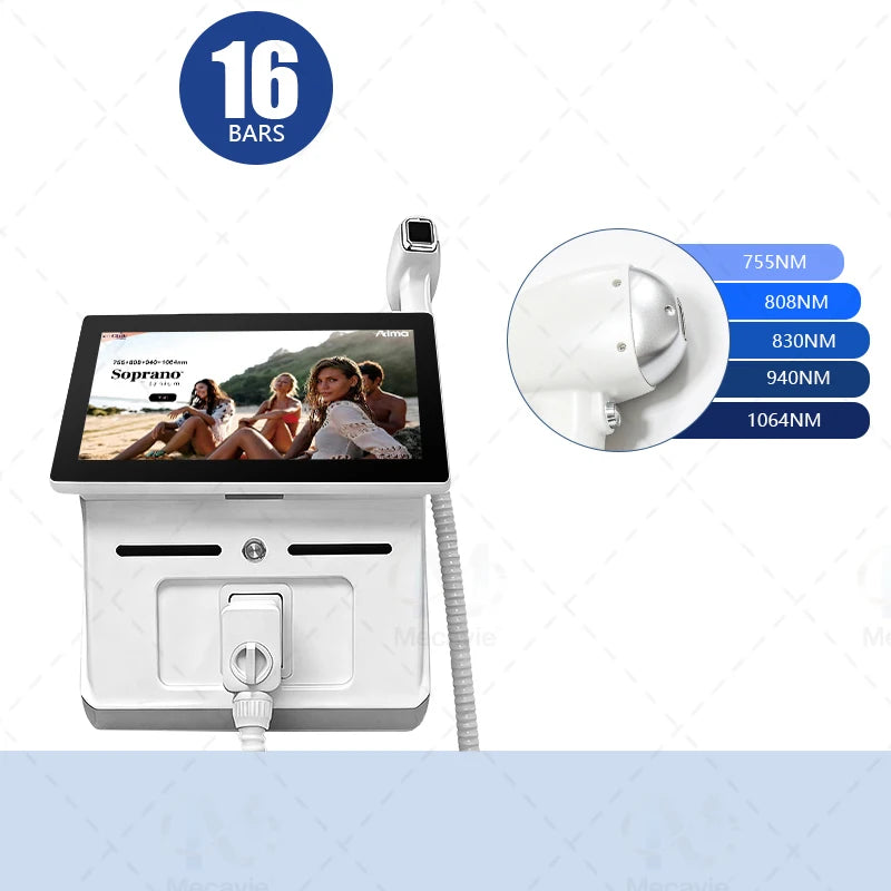 Máquina de depilación láser de diodo Mecavie 6 longitudes de onda 6000W 10 barras tecnología FAC refrigeración TEC puntas intercambiables pantalla táctil múltiples idiomas monitoreo en tiempo real certificada CE RoHS U