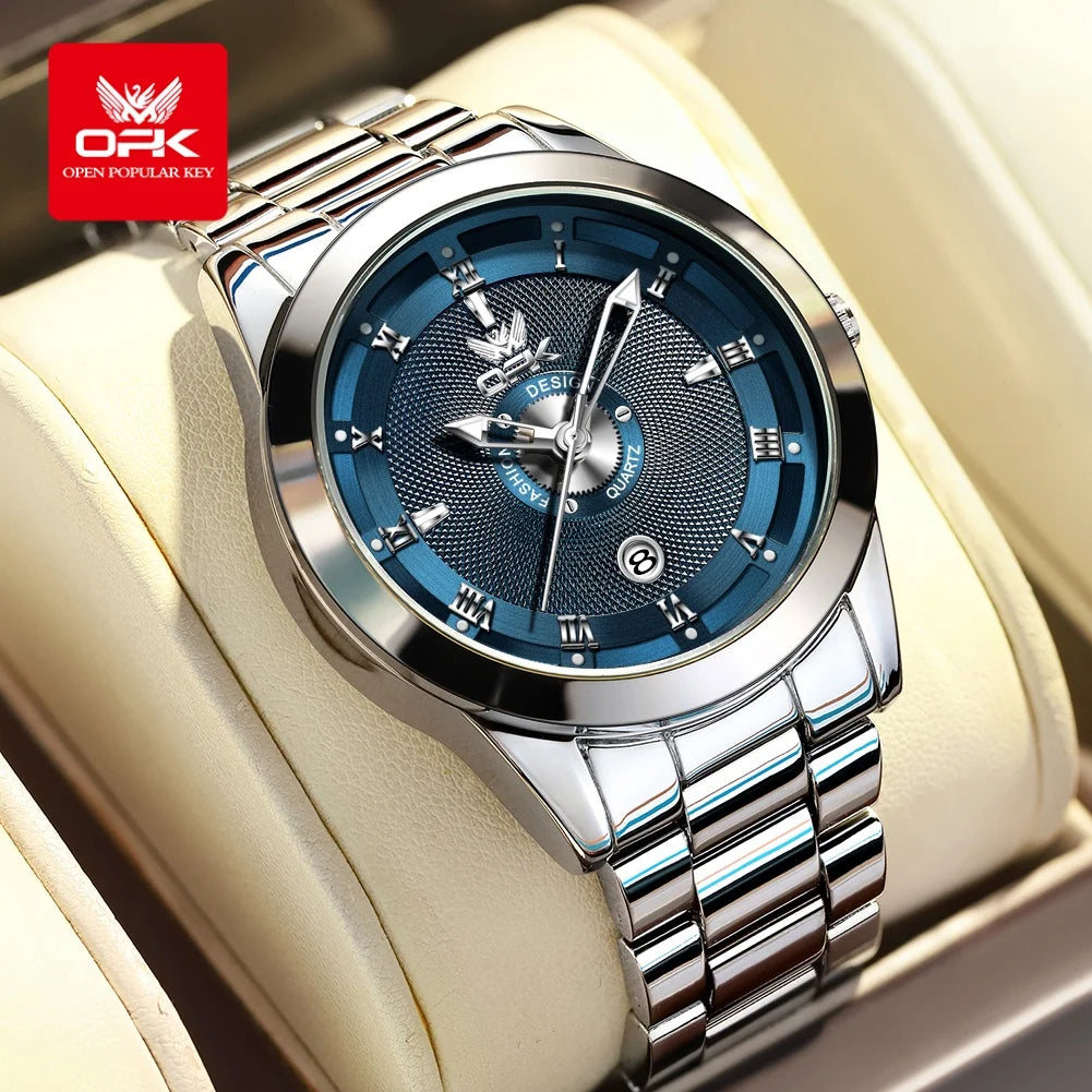 Reloj de cuarzo OPK 6056 para hombre, con números romanos, acero inoxidable, resistente al agua, calendario, luminoso, de alta calidad y original.