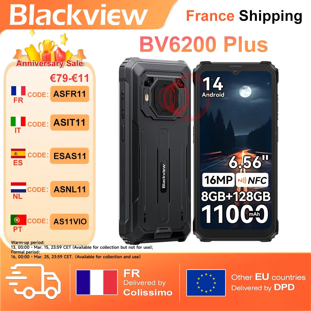Blackview BV6200 Plus [Sin cargador UE] 32GB(8+24)+128GB 11000mAh Android 14 Teléfono móvil Pantalla 6.56" HD+ 16MP NFC