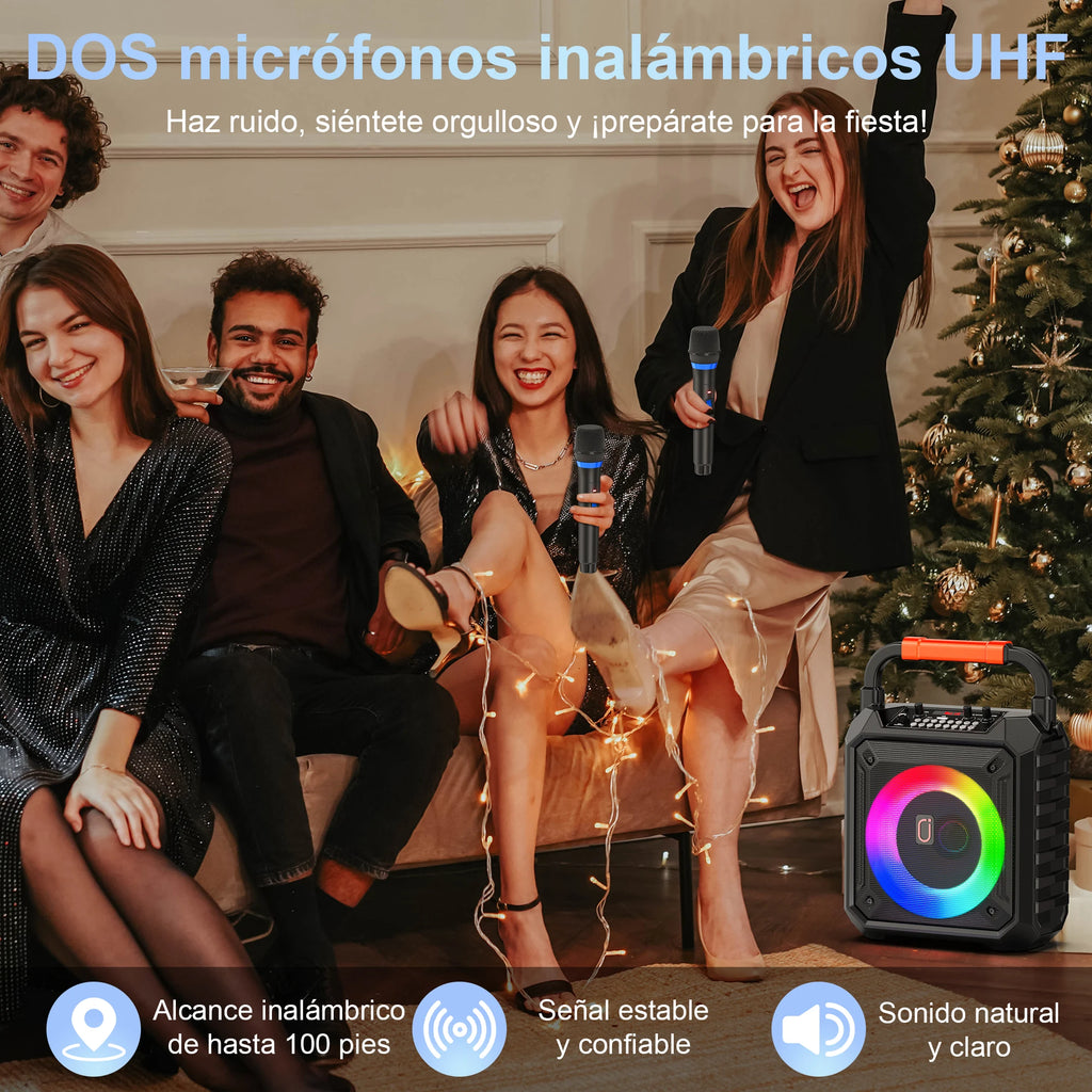 Altavoz Bluetooth inalámbrico, máquina de karaoke con 2 micrófonos, sistema de karaoke para el hogar T17-T con luz de fiesta LED