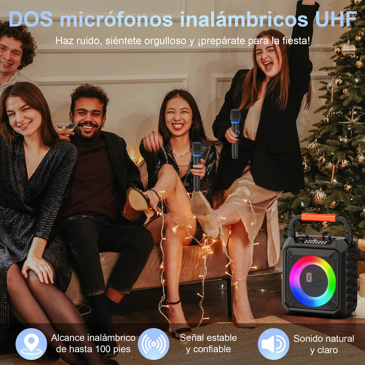 Altavoz Bluetooth inalámbrico, máquina de karaoke con 2 micrófonos, sistema de karaoke para el hogar T17-T con luz de fiesta LED