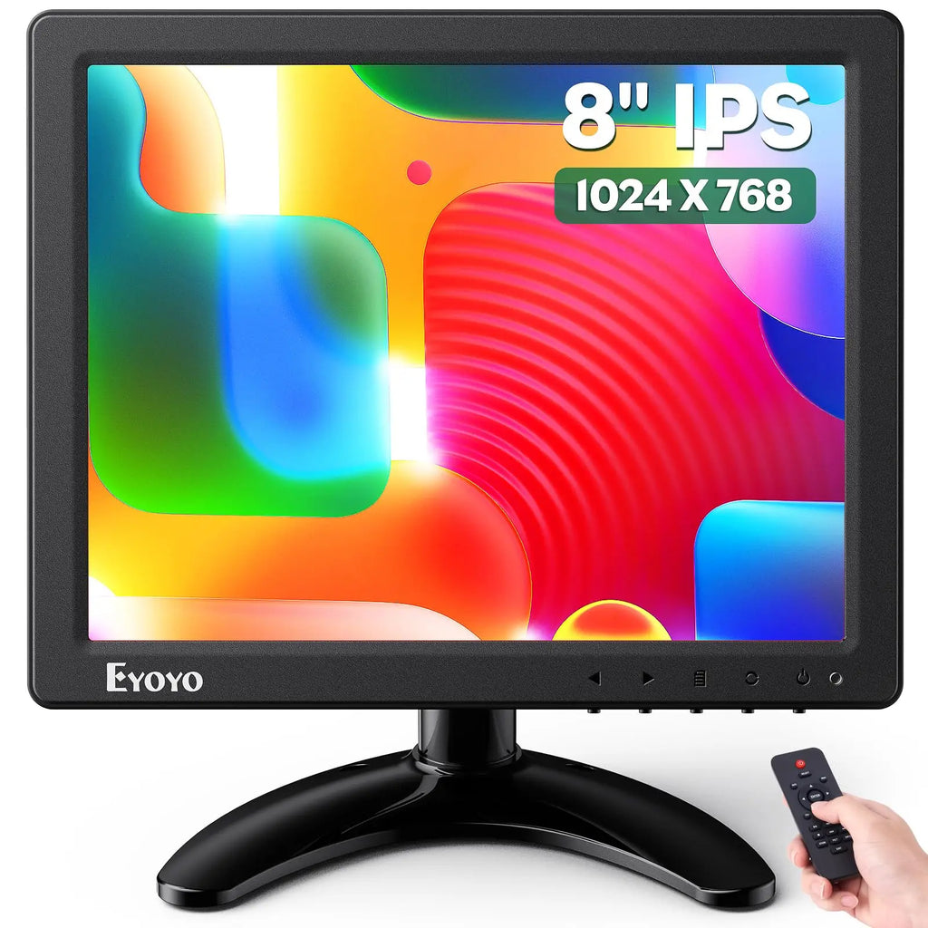 Monitor de escritorio pequeño Eyoyo de 8 pulgadas (1024 × 768) con función de giro de imagen; monitor de seguridad para cámaras de CCTV; pantalla LCD para montaje en pared con puertos HDMI, VGA, BNC, AV y USB