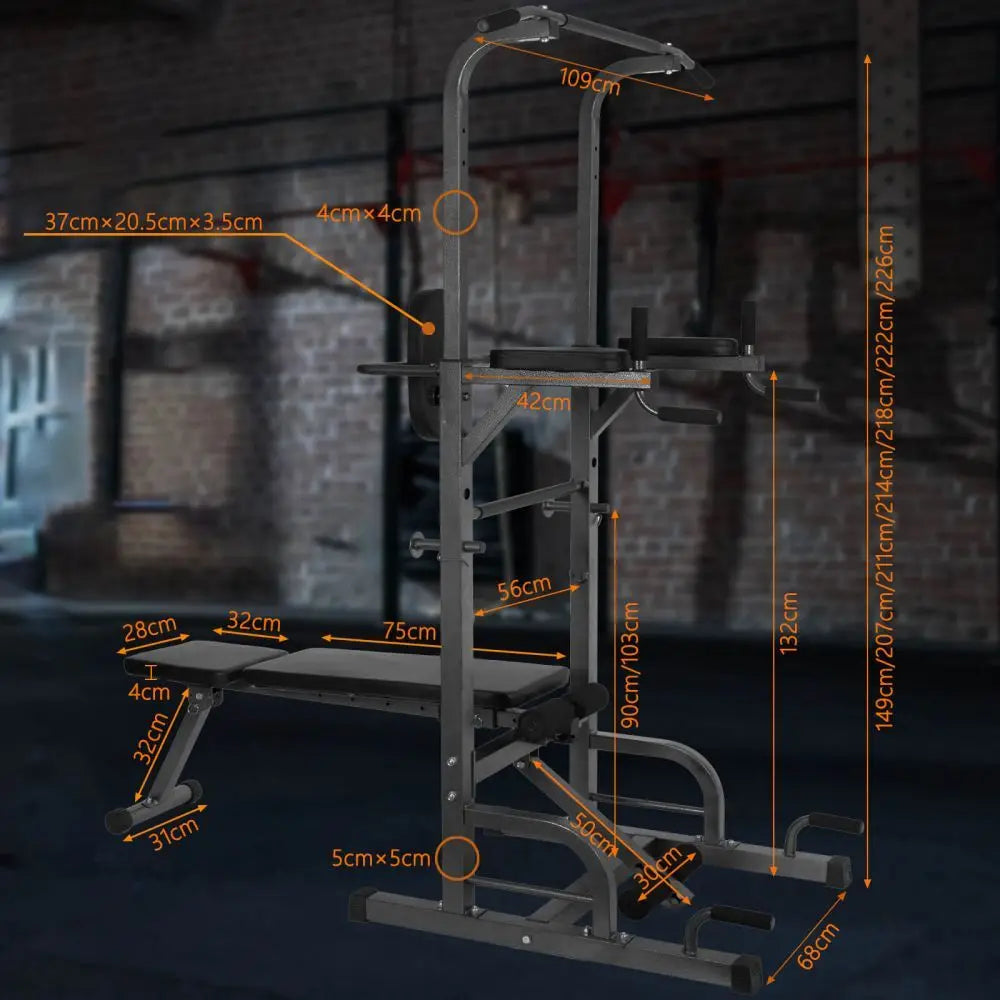 Estante de gimnasio multifunción, estación de inmersión de torre eléctrica con banco de pesas, barra de dominadas, ejercicio Abdominal para entrenamiento de fuerza en gimnasio en casa