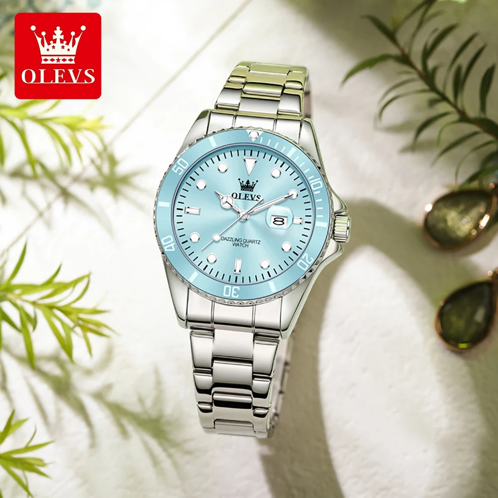 Reloj para mujer OLEVS 5885 Elegance, movimiento de cuarzo original, función de luz nocturna, correa de acero inoxidable, reloj resistente al agua para mujer
