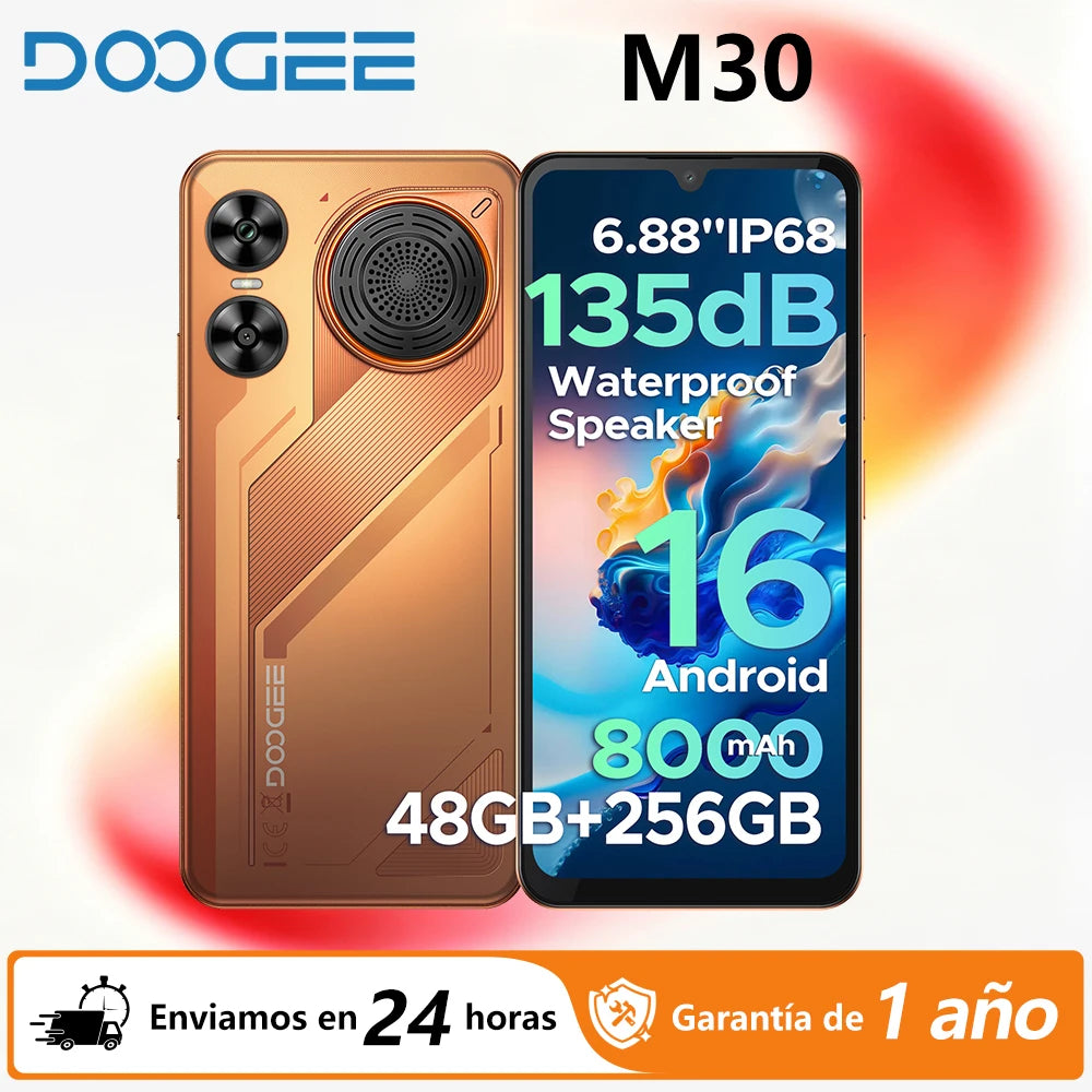 Smartphone DOOGEE M30 IA 6,88" IP68 Resistente al agua Android 16 Batería de 8000 mAh 48 GB RAM (6+42) 256 GB ROM Cámara de 64 MP Widevine L1 Compatible con Google Pay y altavoz de gran amplitud de 135 dB