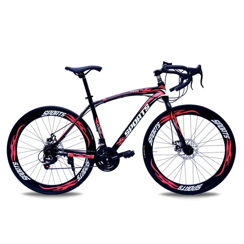 Bicicleta de carreras de 26 pulgadas con cuadro de acero al carbono, 21 velocidades, manubrio curvo, doble freno de disco y rines de 60 mm para adultos
