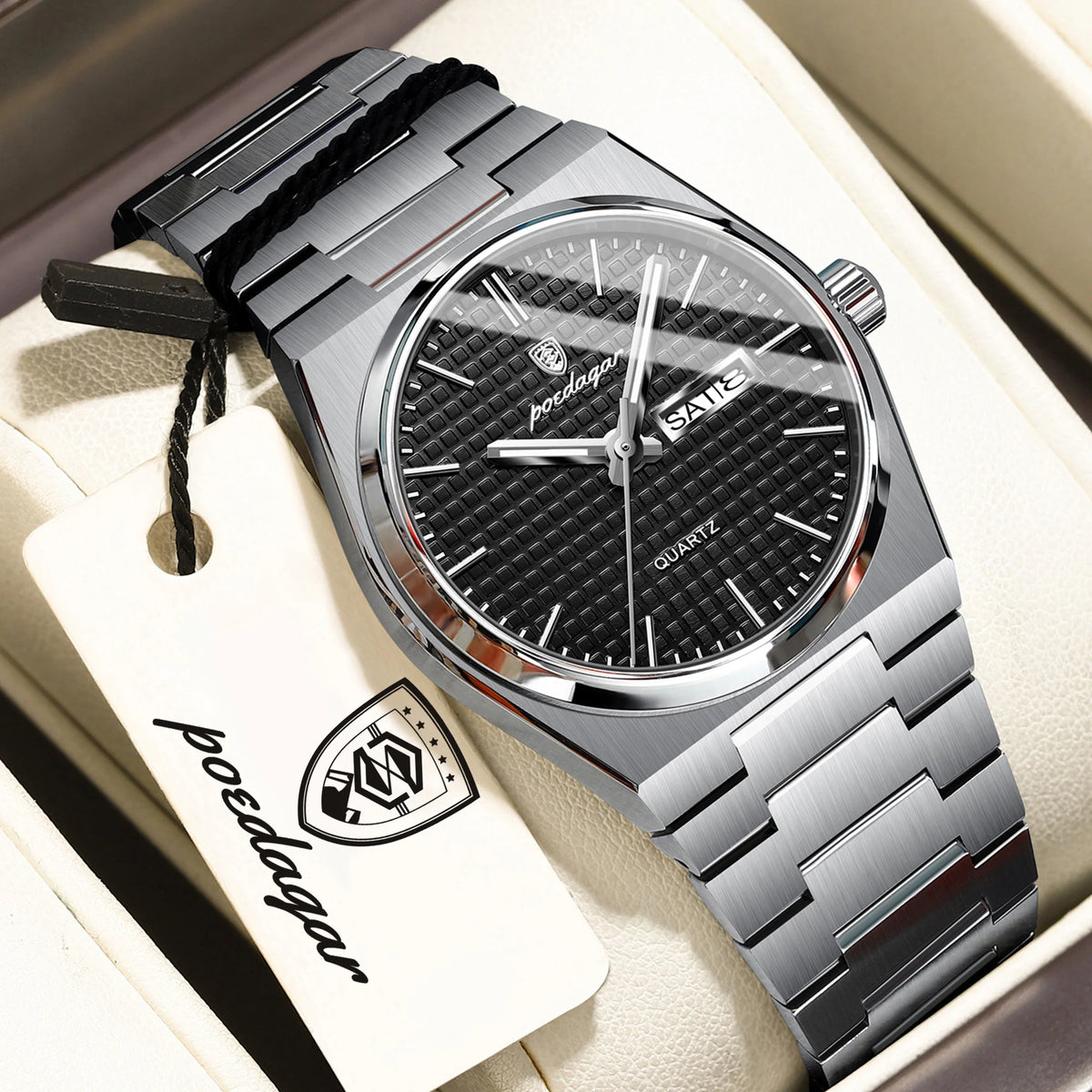 Reloj de pulsera para hombre POEDAGAR de moda, luminoso, resistente al agua, de acero inoxidable, con fecha y día, reloj de cuarzo de alta calidad para hombre