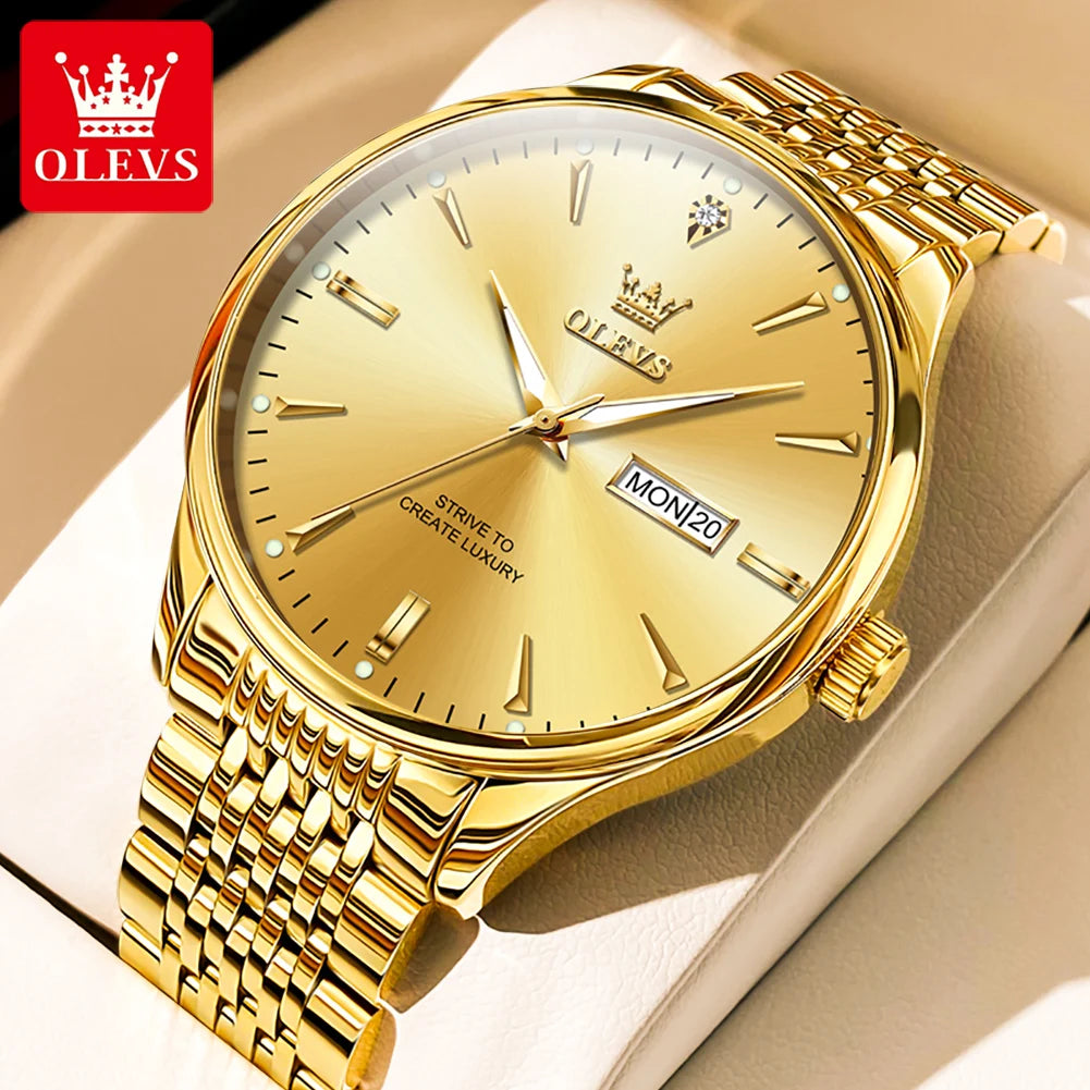 Reloj de cuarzo para hombre OLEVS 2929 original, impermeable, de negocios, con correa de acero, doble calendario, luminoso y de moda para hombre