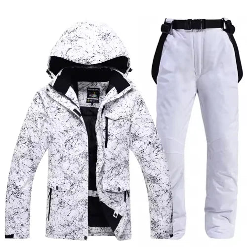 -30 Conjuntos de trajes de nieve blancos para hombres o mujeres Ropa de invierno al aire libre Ropa de snowboard Disfraces impermeables Chaqueta de esquí + Baberos de pantalón de nieve