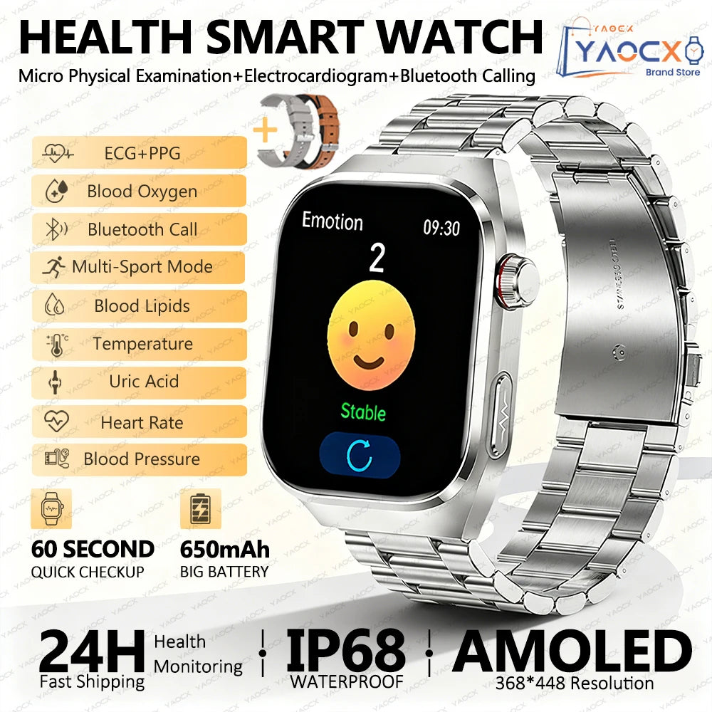 Reloj inteligente para hombre 2026, nuevo modelo con medición de ácido úrico y lípidos en sangre, ECG+PPG, presión arterial, frecuencia cardíaca, llamadas Bluetooth, reloj inteligente de salud