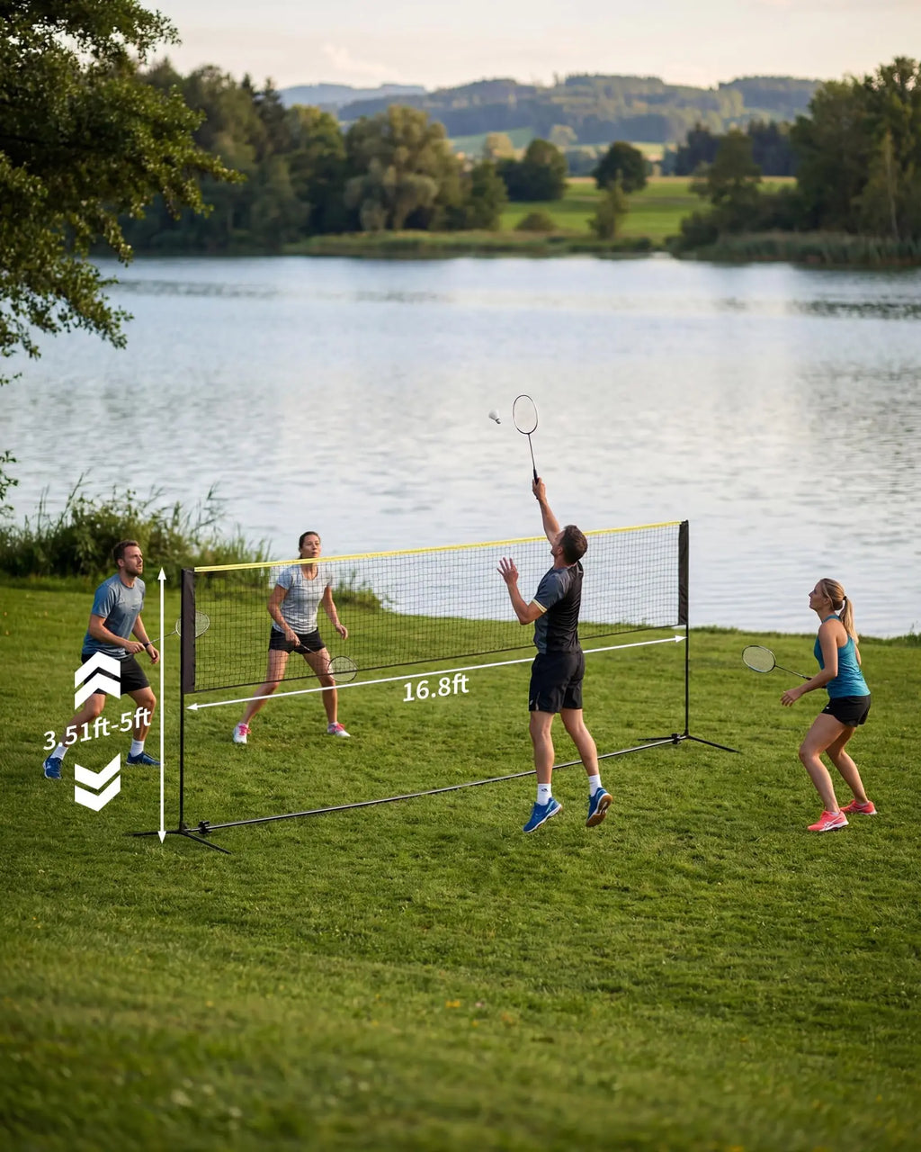 Juego de red de bádminton y pickleball ajustable en altura de 5,1 m – Portátil con bolsa, incl. 2 raquetas, 2 palas, 3 pelotas – Ideal para jardín, playa y actividades al aire libre