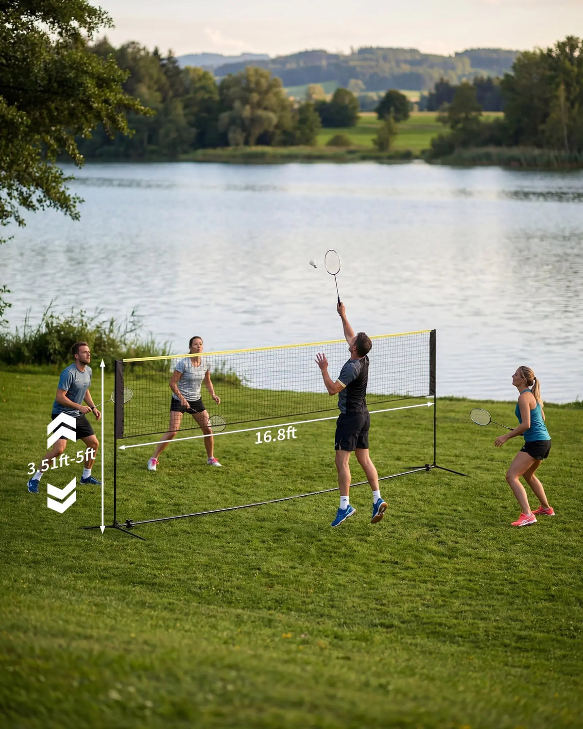 Juego de red de bádminton y pickleball ajustable en altura de 5,1 m – Portátil con bolsa, incl. 2 raquetas, 2 palas, 3 pelotas – Ideal para jardín, playa y actividades al aire libre