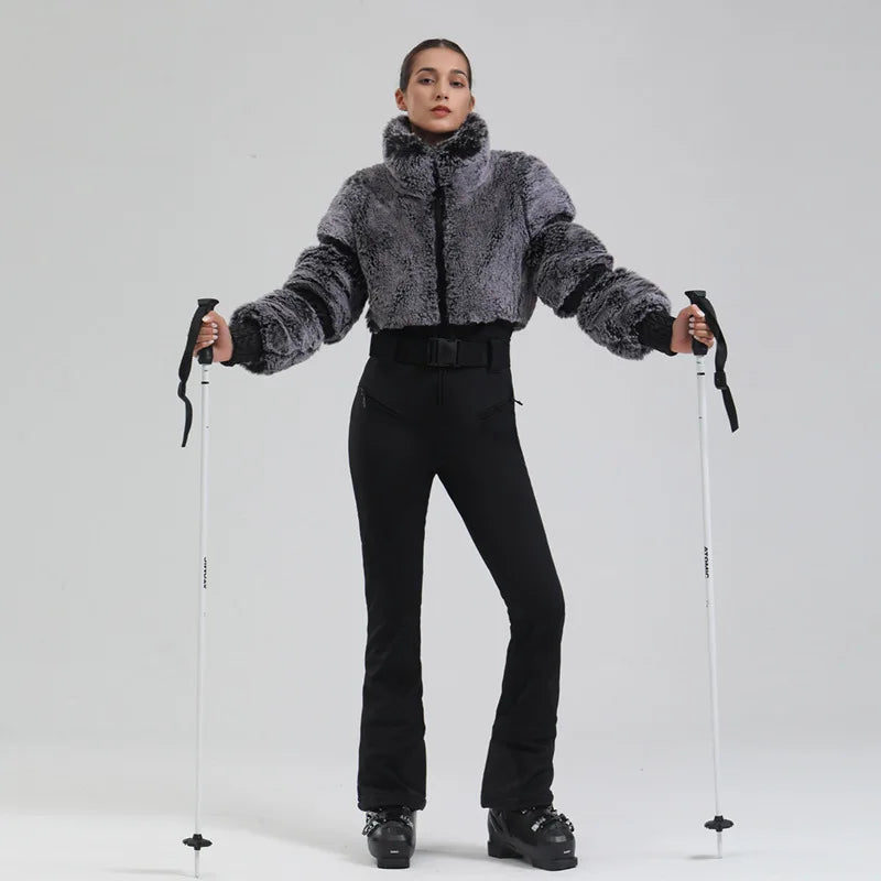 GSOU SNOW Trajes de esquí para mujer Traje de nieve de una pieza Snowboard Piel sintética Mono delgado Aislamiento general A prueba de viento Invierno al aire libre