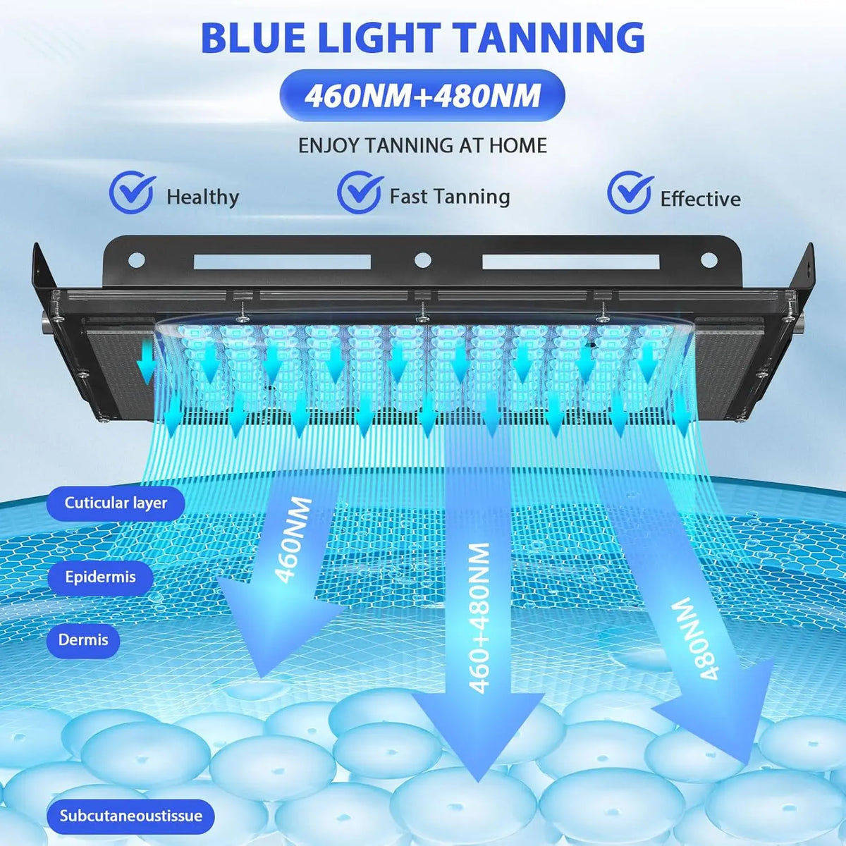 Lámpara de Bronceado Ultravioleta de 50W con Trípode, Lámpara de Solárium para Bronceado Corporal, 96 Lámparas de Luz Azul con Longitud de Onda de 460nm y 480nm para el Cuidado de la Piel