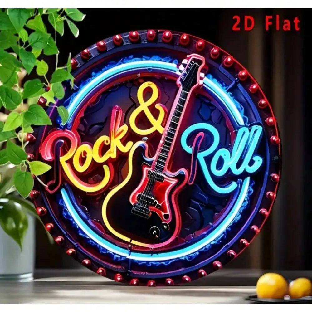 Señal redonda LED Rock & Roll con guitarra y letras luminosas; borde con focos