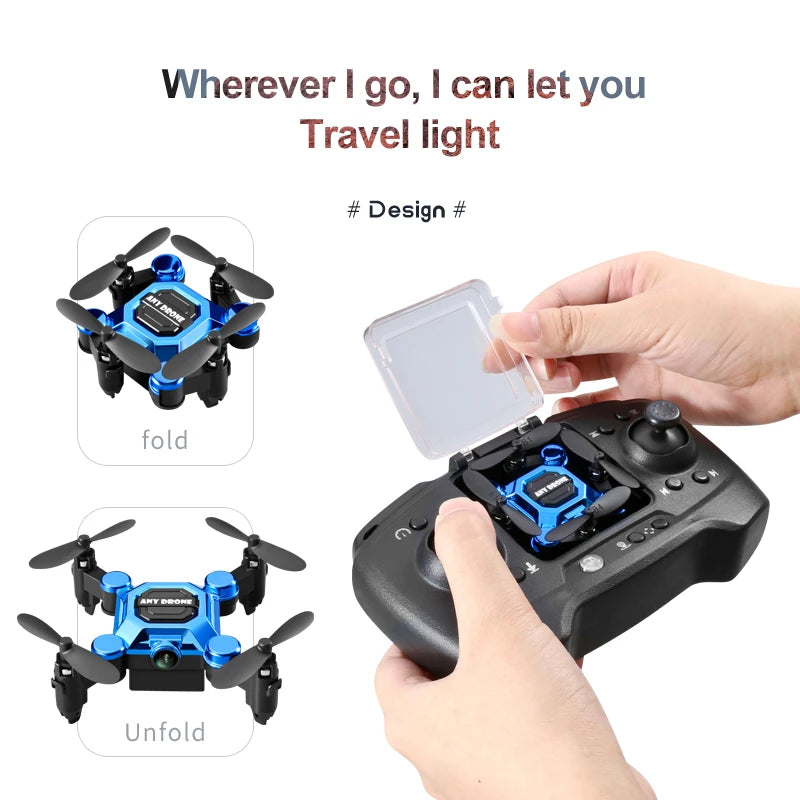 Dron mini plegable azul con cámara y control remoto negro