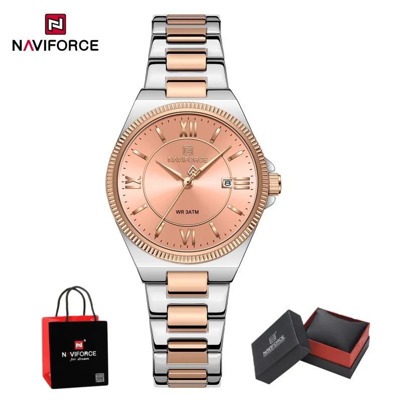Reloj NAVIFORCE casual para mujer de acero inoxidable, resistente al agua 3ATM, con indicador de fecha, reloj de pulsera clásico para uso diario, caja de regalo incluida
