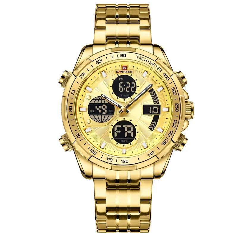 Top Luxury NAVIFORCE Men's Watch Dold Dial Quartz Double Military Time Sports Watch Steel Belt Waterproof Luminous Alarm Clock