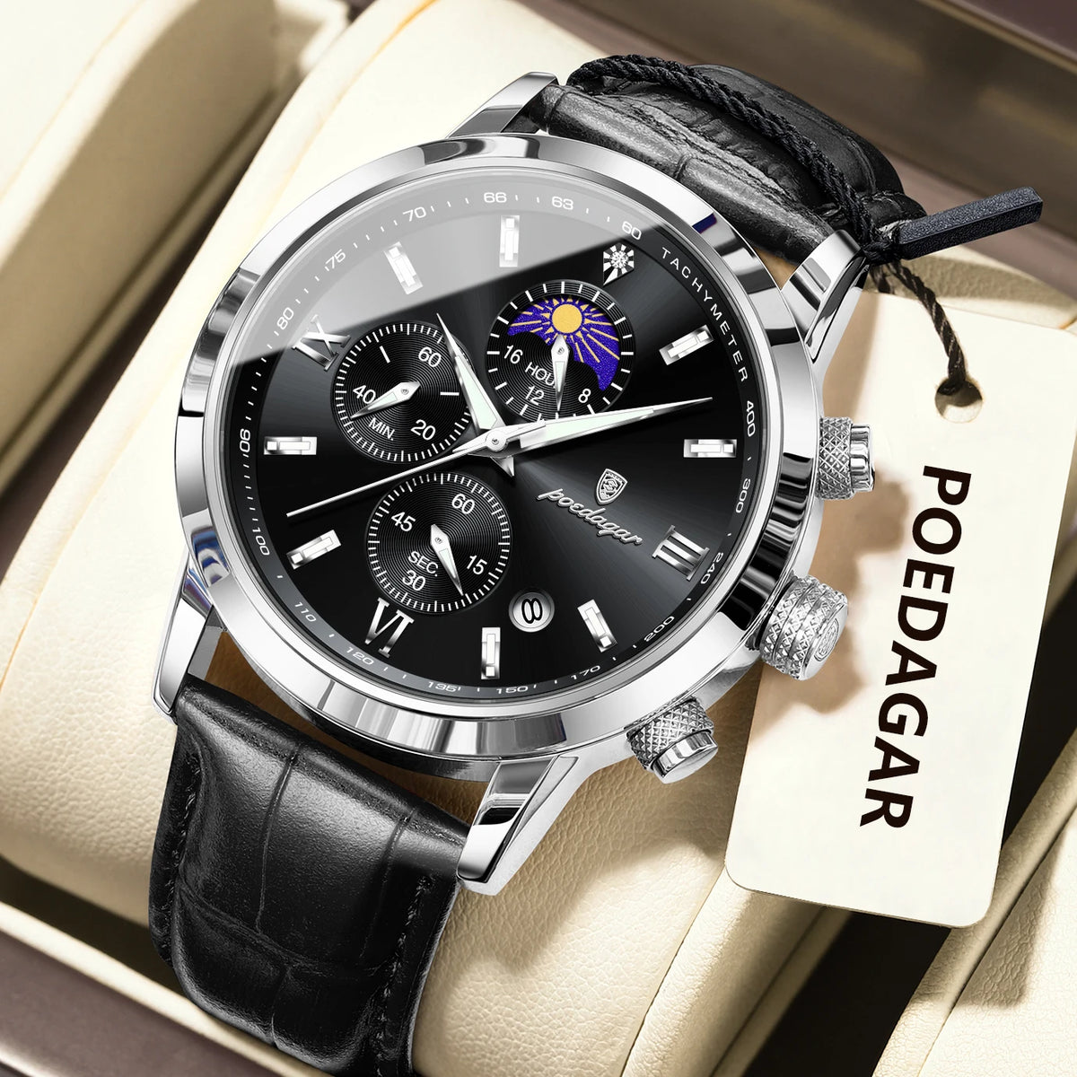 Reloj de pulsera original para hombre POEDAGAR, cronógrafo, con fecha, luminoso, resistente al agua, reloj de lujo de cuarzo con correa de piel para hombre