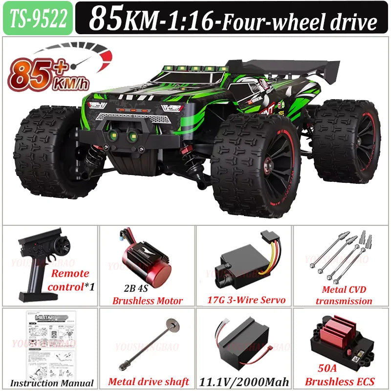 Coche de control remoto de alta velocidad 9522PRO con tracción en las cuatro ruedas sin escobillas, 85 km/h, para derrapes todoterreno, coche de carreras 9522 1:16, 50 km/h, juguete para niños