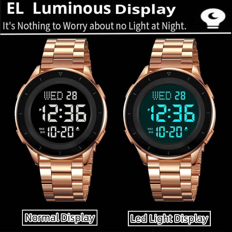 Reloj de pulsera digital LED con doble zona horaria Skmei, correa de acero de lujo, resistente al agua 3Bar, reloj deportivo militar para hombre con alarma