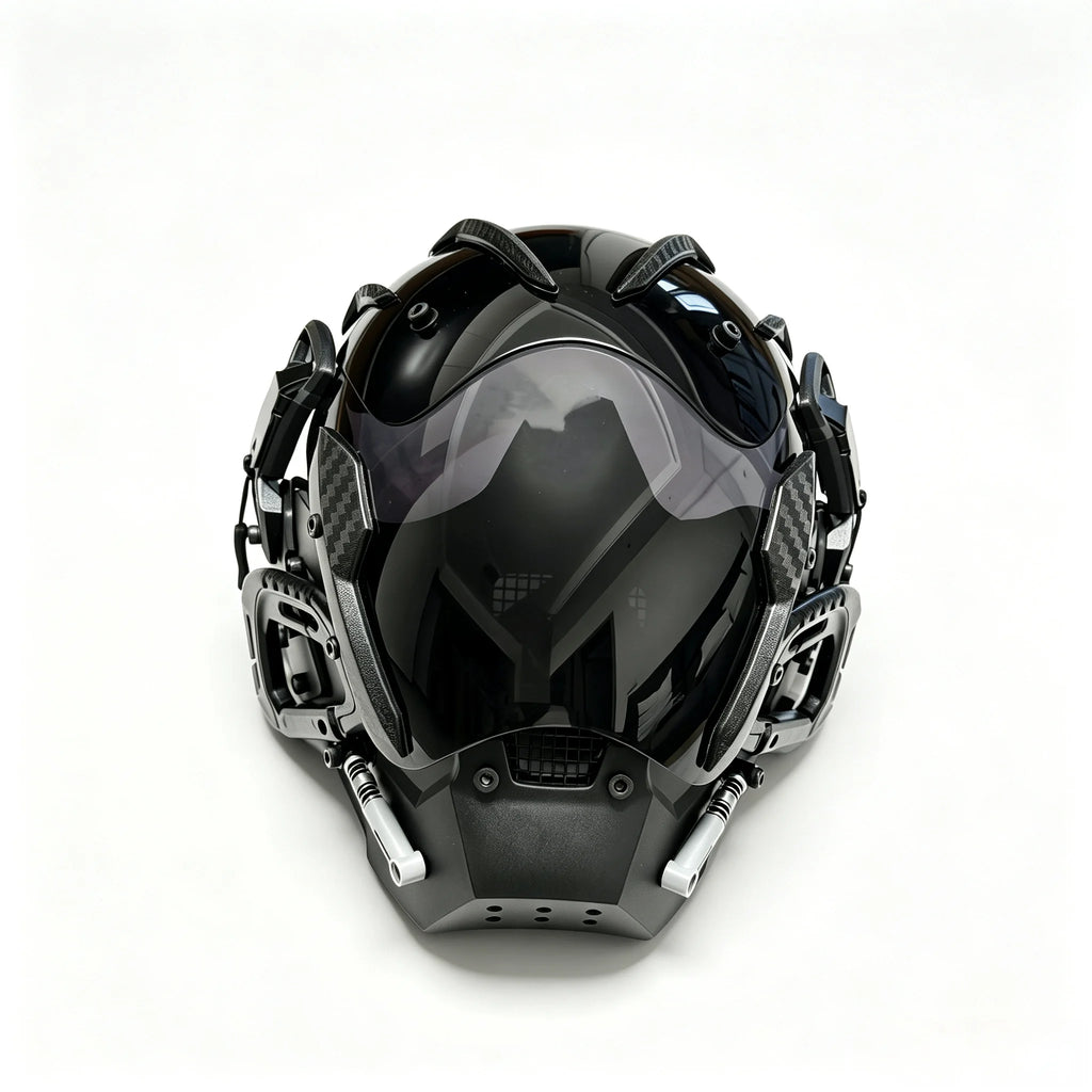 Máscara de estilo cyberpunk de inspiración científica y futurista, casco de cara completa que se puede llevar puesta, accesorio de disfraz para eventos, Halloween y sesiones de fotografía temáticas.