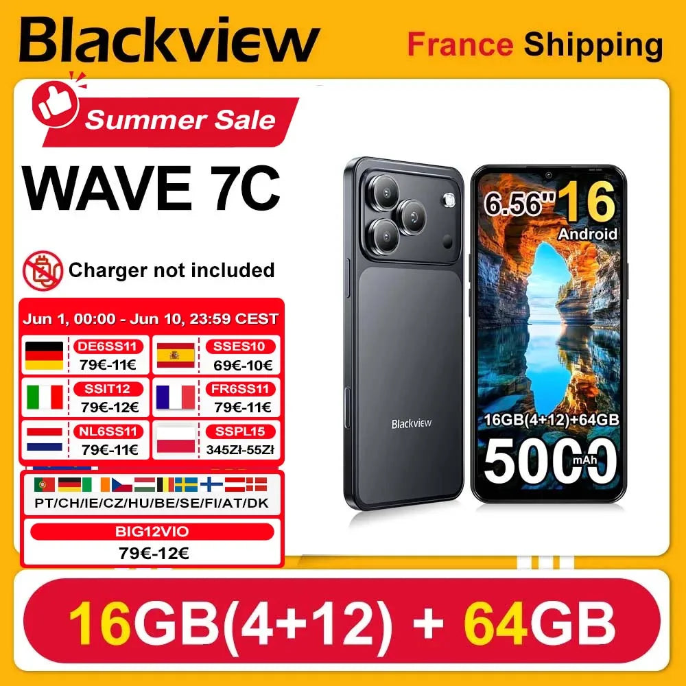 Smartphone Blackview WAVE 7C 6.56'' HD+IPS Batería 5000mAh 16GB(4+12)+64GB Unisoc Teléfono móvil 32MP+13MP 4G Android 16 Dual SIM